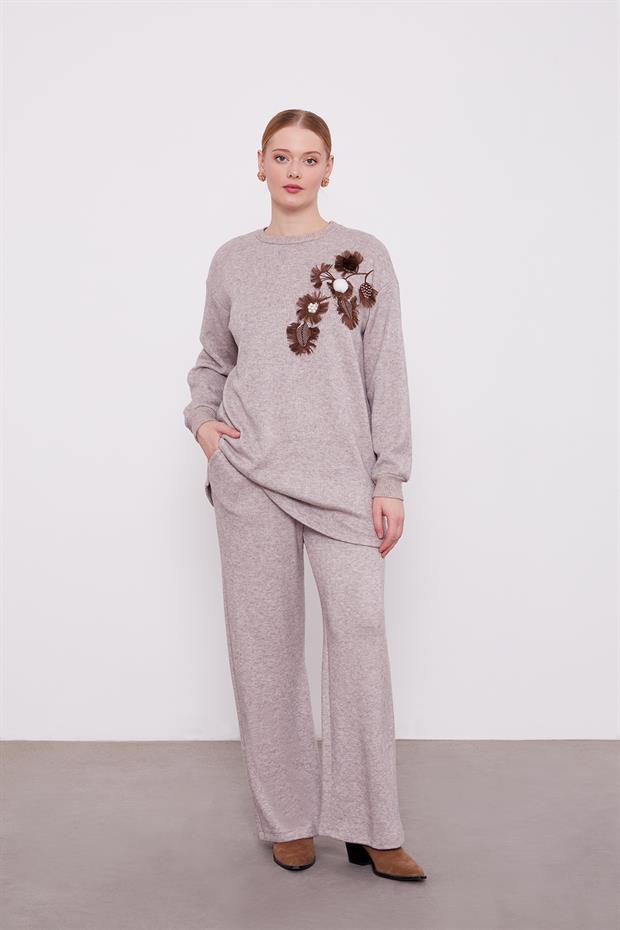 Vizon Nakışlı Ponponlu Kaşmir İkili Takım