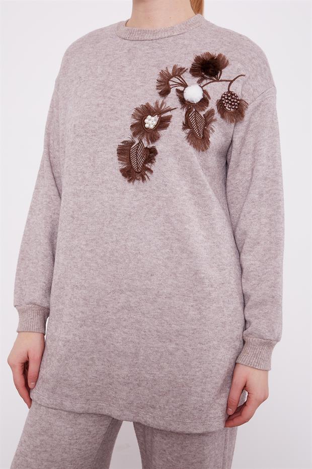 Vizon Nakışlı Ponponlu Kaşmir İkili Takım