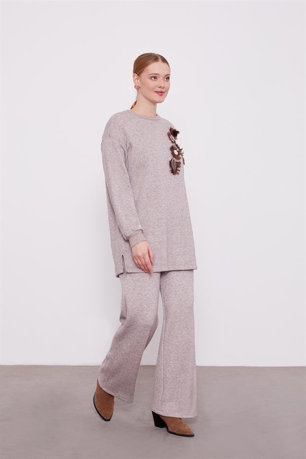 Vizon Nakışlı Ponponlu Kaşmir İkili Takım