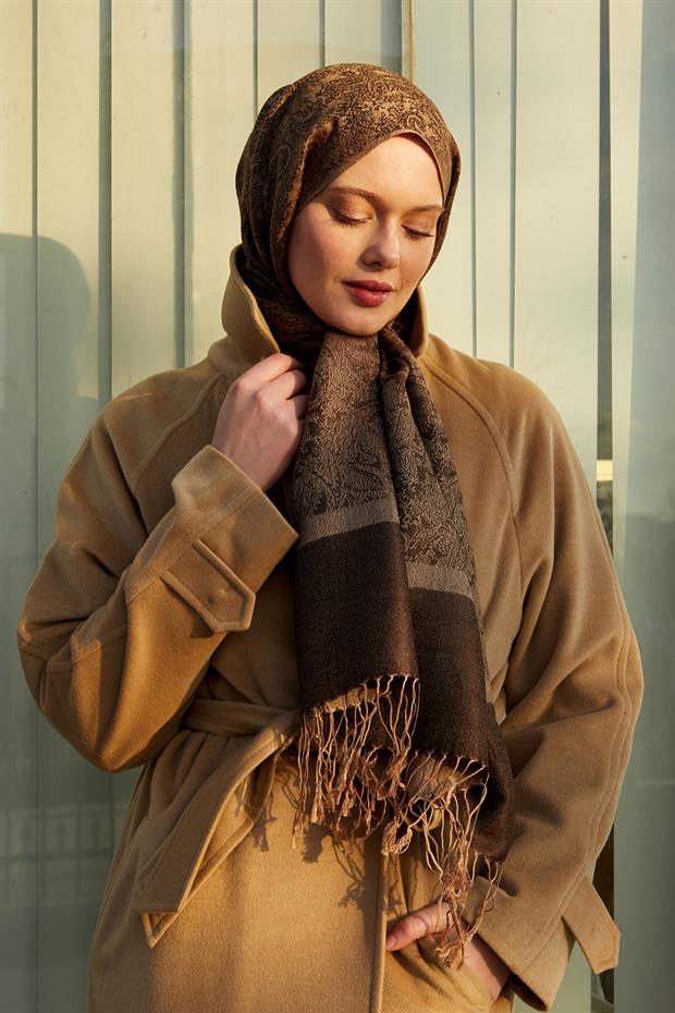 Vizon Püsküllü Etnik Kaşmir İpek Şal