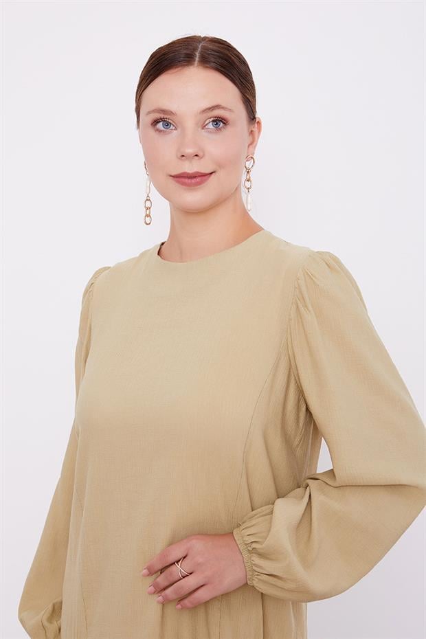 Yağ Yeşili Bisiklet Yaka Büzgü Detaylı Elbise