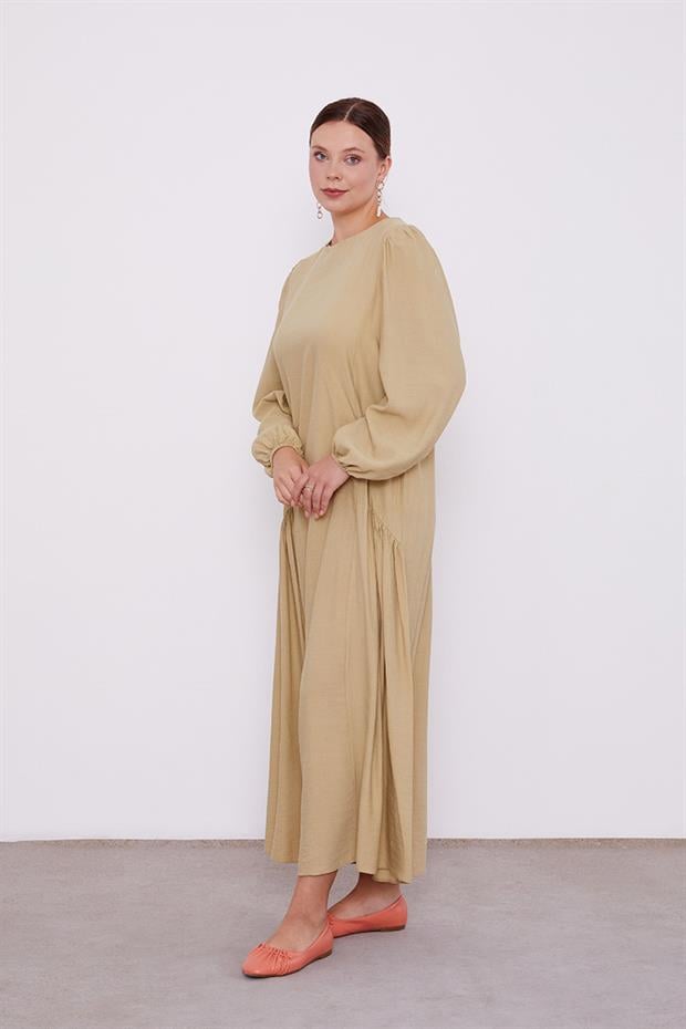 Yağ Yeşili Bisiklet Yaka Büzgü Detaylı Elbise