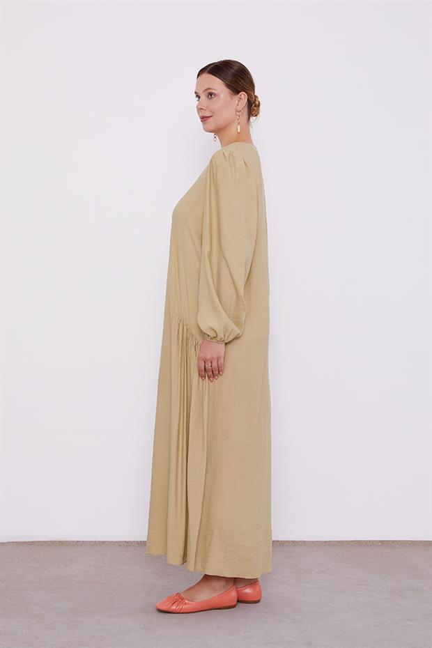 Yağ Yeşili Bisiklet Yaka Büzgü Detaylı Elbise