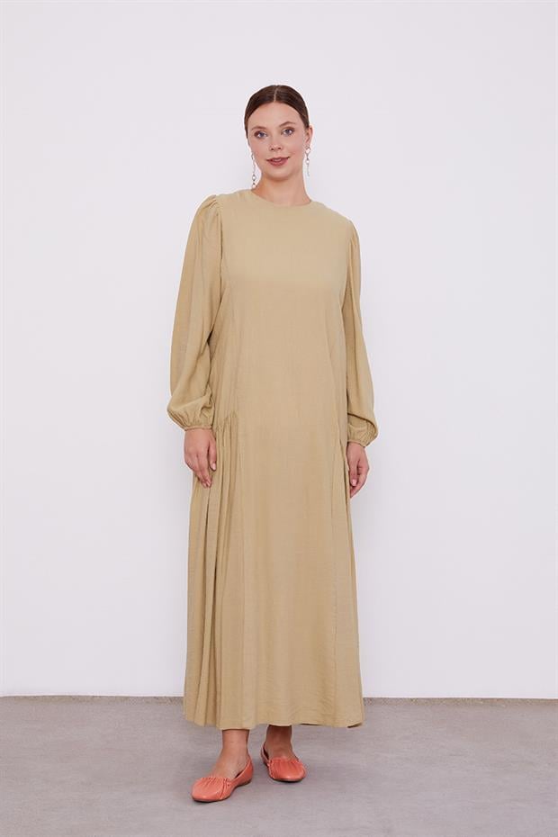 Yağ Yeşili Bisiklet Yaka Büzgü Detaylı Elbise