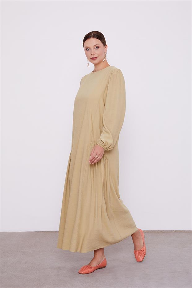 Yağ Yeşili Bisiklet Yaka Büzgü Detaylı Elbise