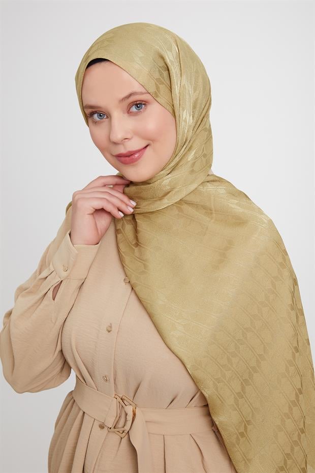 Yağ Yeşili Geometrik Desen Jakarlı Janjan Şal