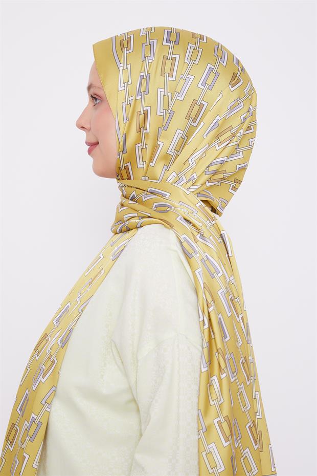 Yağ Yeşili Kare Zincir Desen Angel Şal