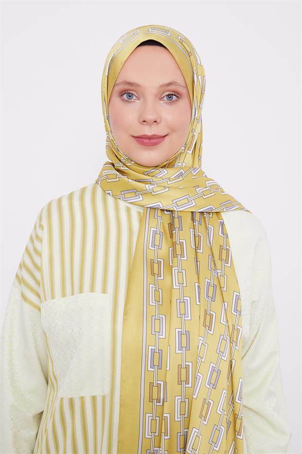 Yağ Yeşili Kare Zincir Desen Angel Şal