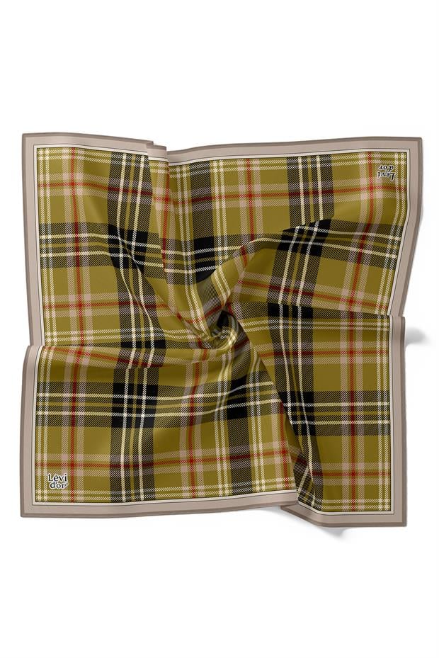 Yağ Yeşili Küçük Ekose Twill İpek Eşarp