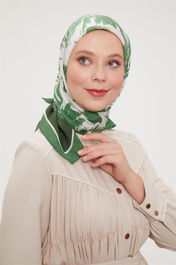 Yeşil Çiçek Soyut Desen Modal İpek Eşarp