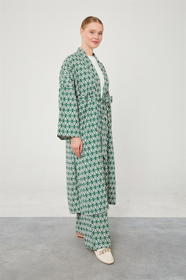 Desenli Keten Kuşak Bağlamalı Kimono Takım Yeşil