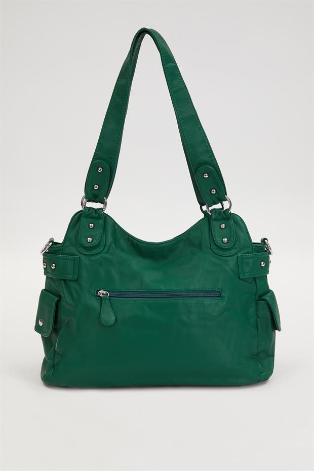 Yeşil Çok Bölmeli Örgü Detay Omuz Çantası