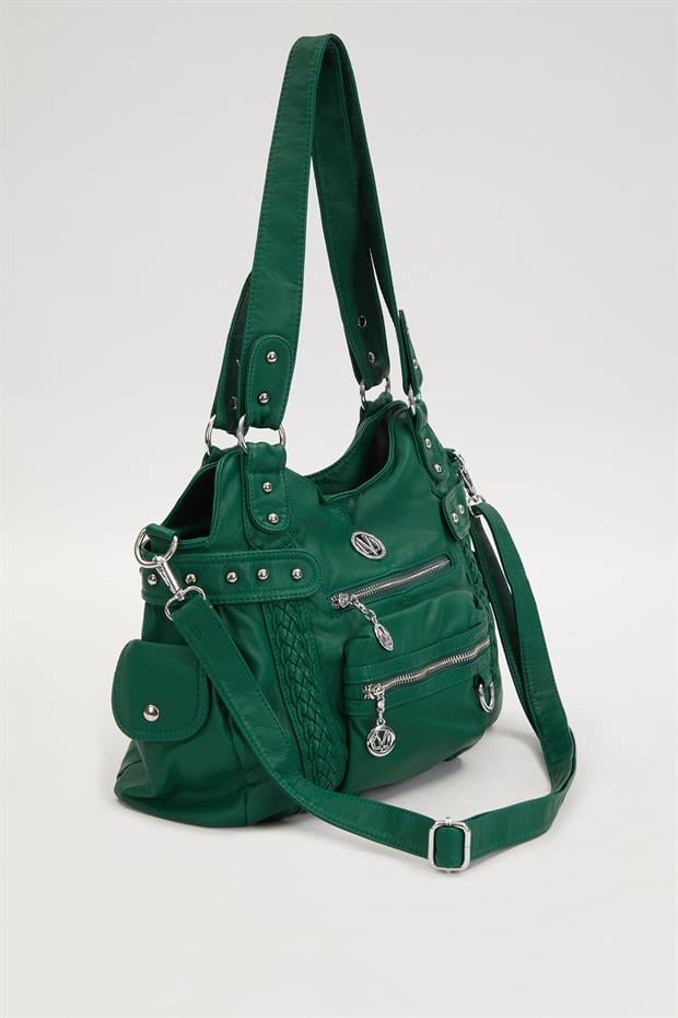 Yeşil Çok Bölmeli Örgü Detay Omuz Çantası