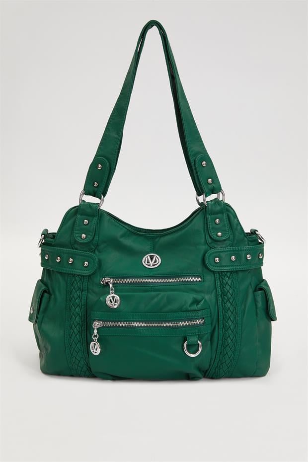 Yeşil Çok Bölmeli Örgü Detay Omuz Çantası