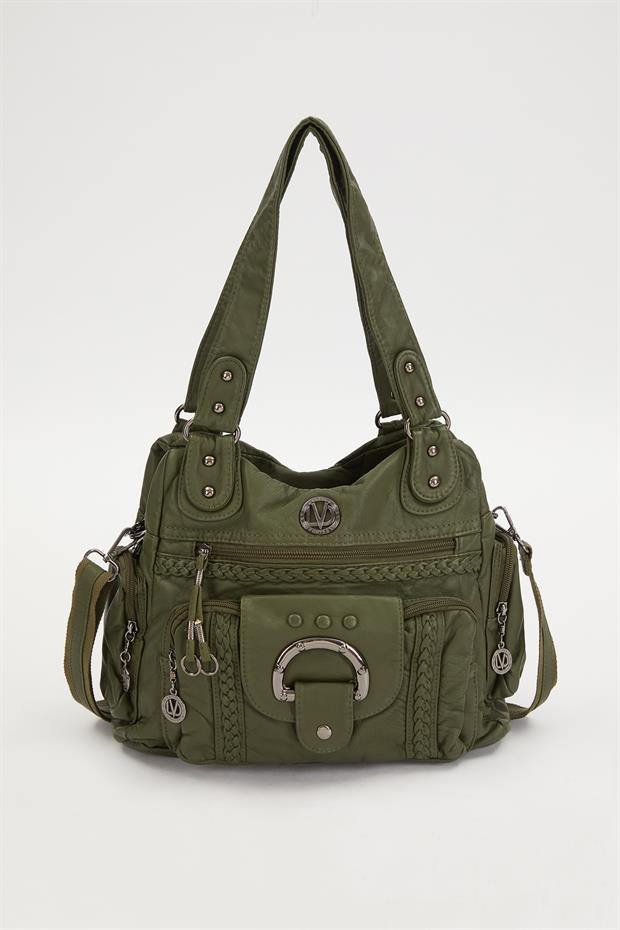 Yeşil Kanguru Cep Detaylı Omuz Çantası