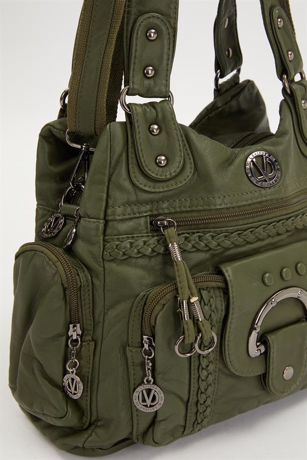 Yeşil Kanguru Cep Detaylı Omuz Çantası