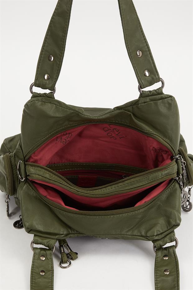 Yeşil Kanguru Cep Detaylı Omuz Çantası