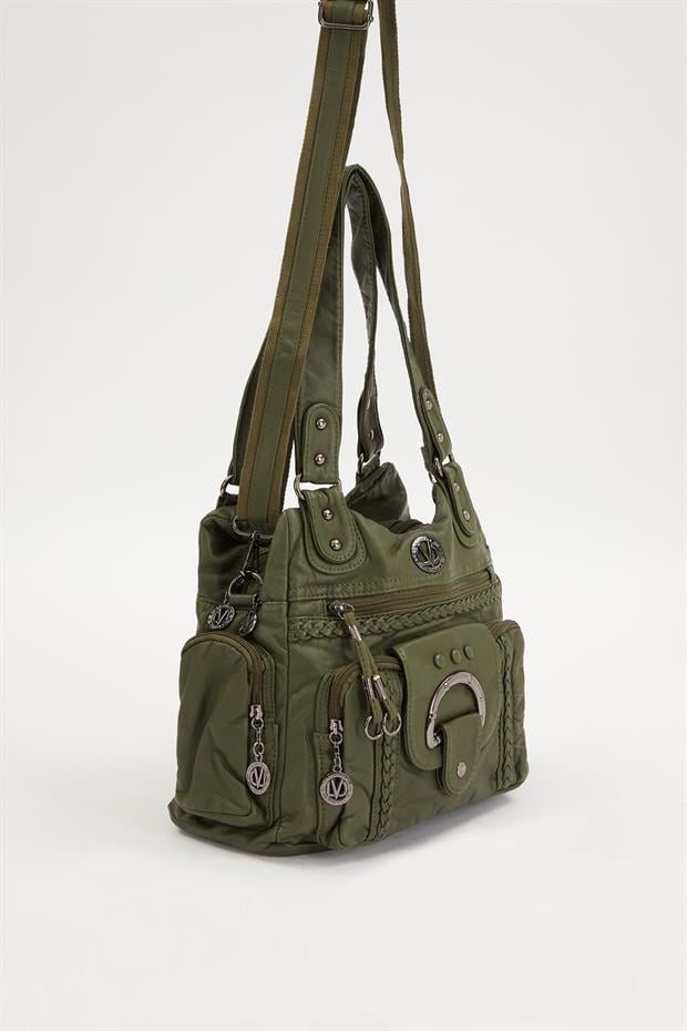 Yeşil Kanguru Cep Detaylı Omuz Çantası