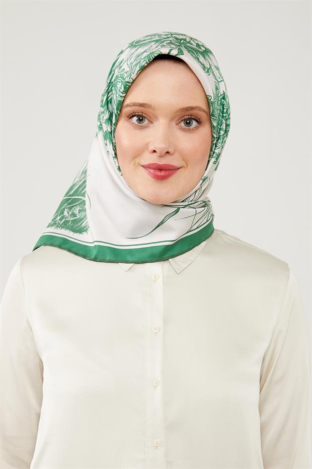 Yeşil Sazlık Desen Trend Twill Eşarp