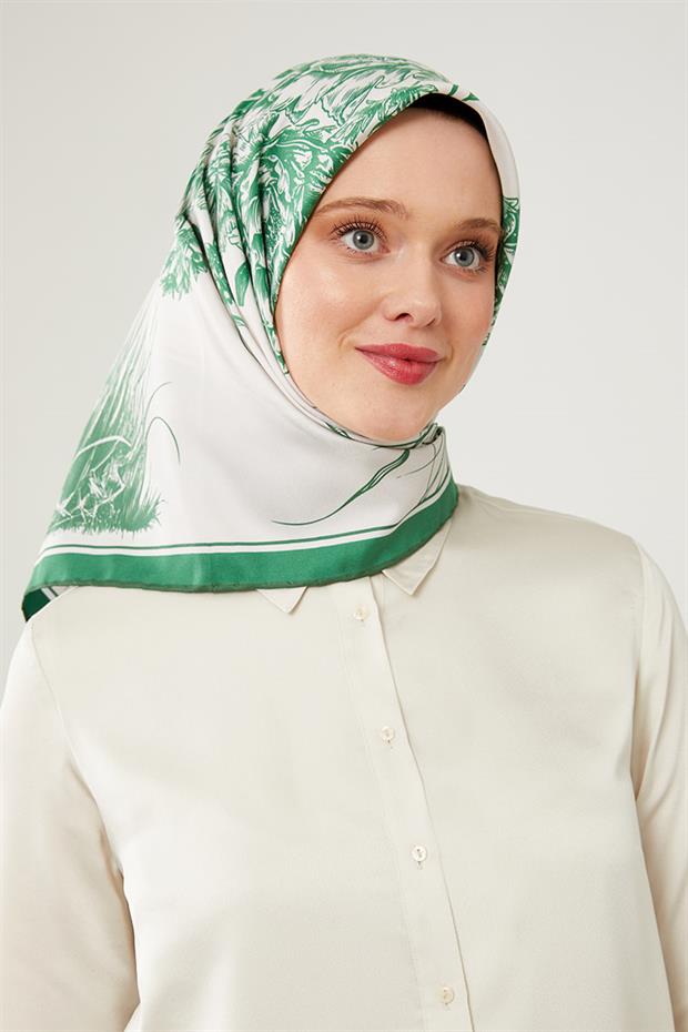 Yeşil Sazlık Desen Trend Twill Eşarp