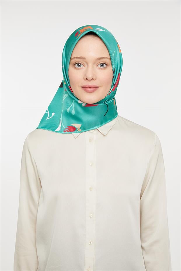 Yeşil Çiçekli Trend Twill Eşarp