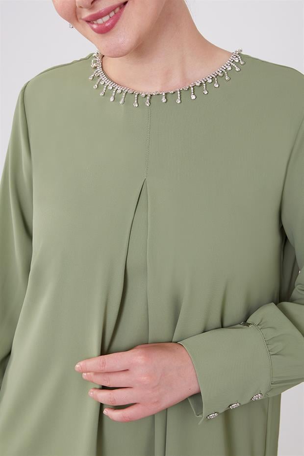 Yeşil Yakası Taş İşlemeli Şifon Tunik Takım