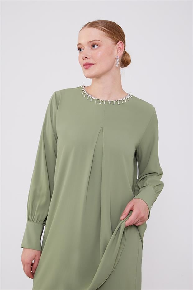 Yeşil Yakası Taş İşlemeli Şifon Tunik Takım