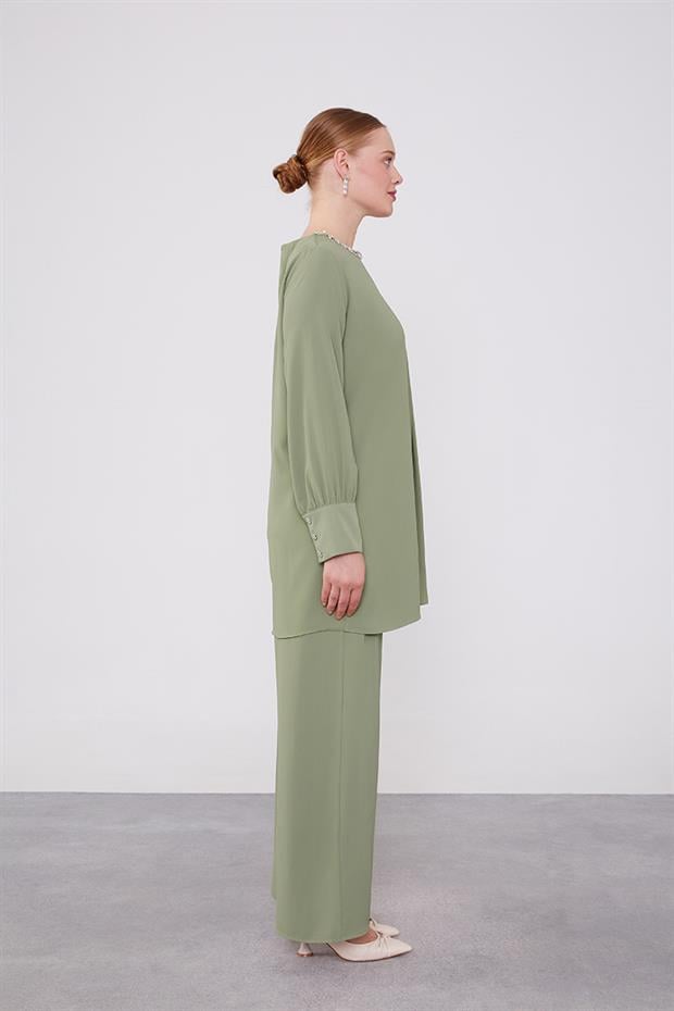 Yeşil Yakası Taş İşlemeli Şifon Tunik Takım