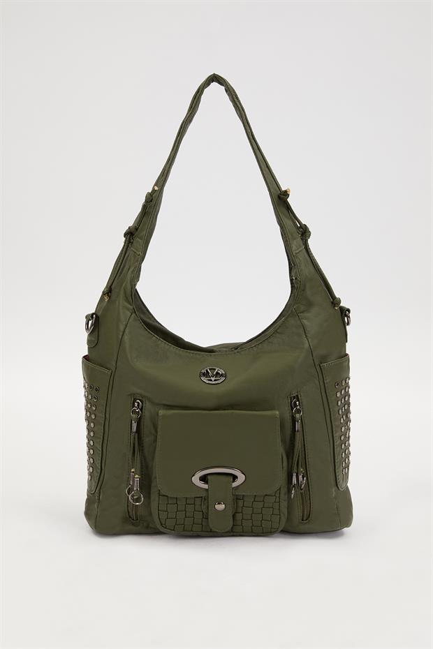 Yeşil Yanları Zımbalı Omuz Çantası