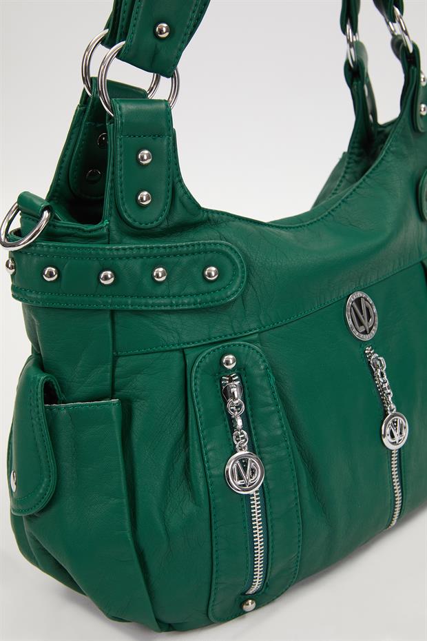 Yeşil Zımba Detaylı Omuz Çantası