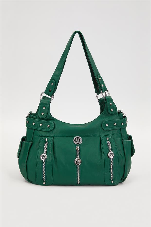 Yeşil Zımba Detaylı Omuz Çantası