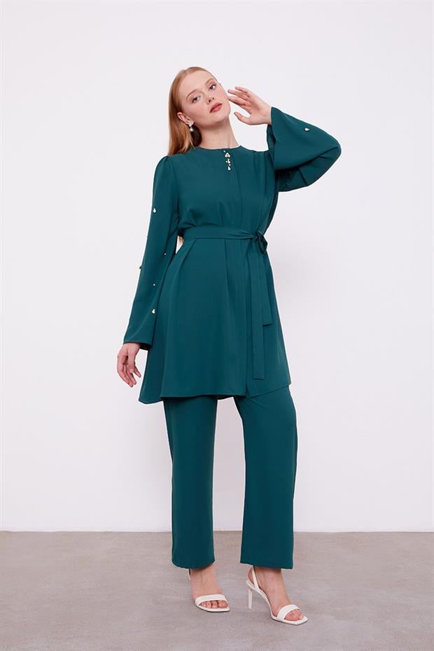 Zümrüt Bisiklet Yaka Taş Detaylı İkili Takım