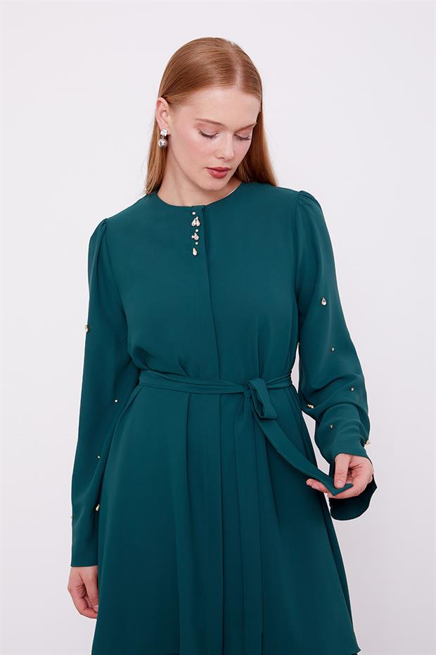 Zümrüt Bisiklet Yaka Taş Detaylı İkili Takım