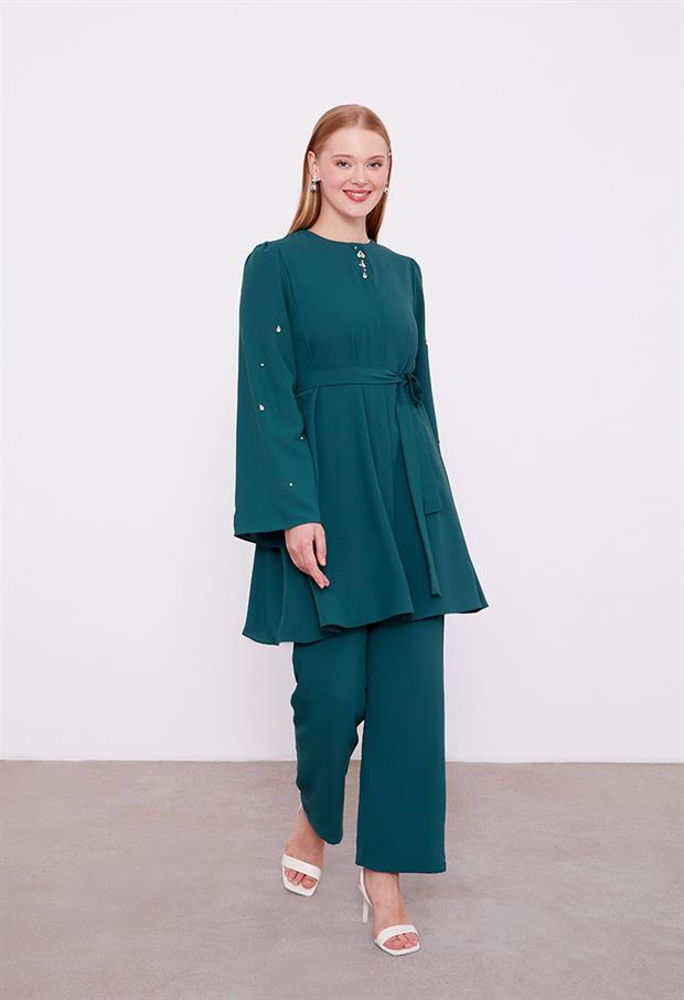 Zümrüt Bisiklet Yaka Taş Detaylı İkili Takım