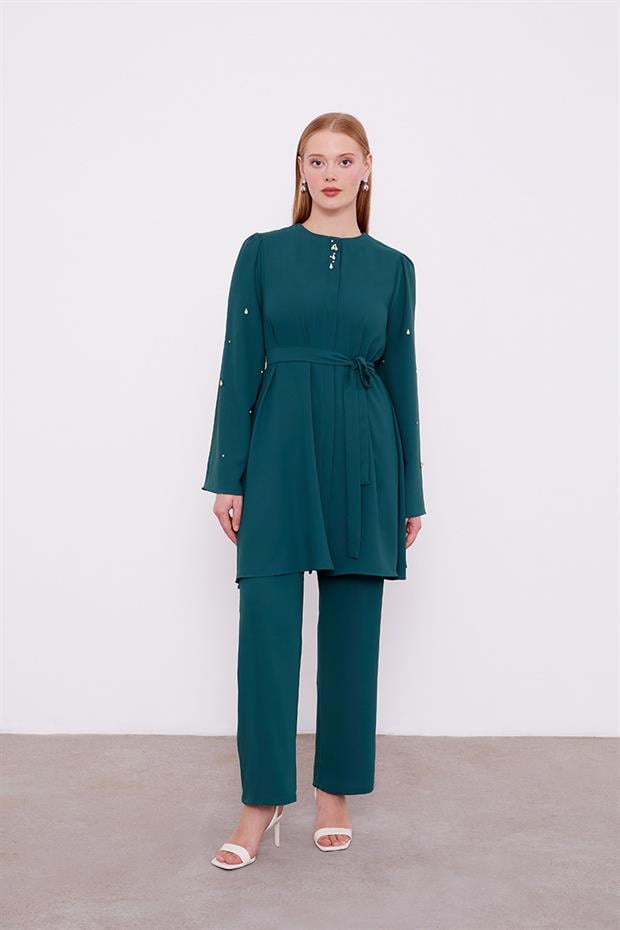 Zümrüt Bisiklet Yaka Taş Detaylı İkili Takım