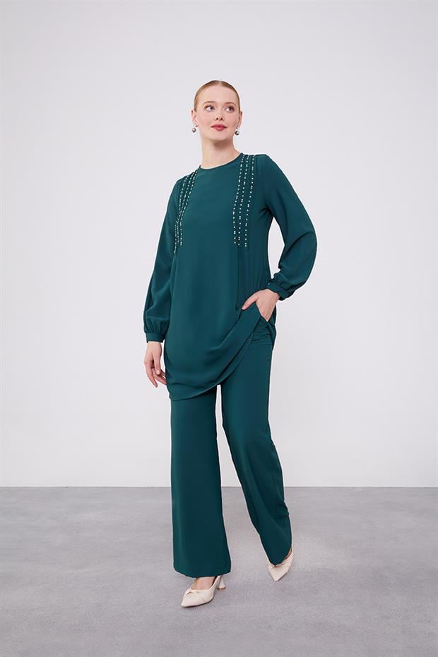 Zümrüt Yeşili Boncuk İşlemeli Tunik Takım