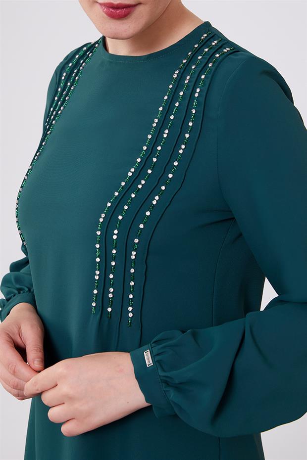 Zümrüt Yeşili Boncuk İşlemeli Tunik Takım