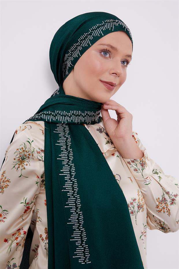 Zümrüt Yeşili Çubuk Şeritli Diamond Şal