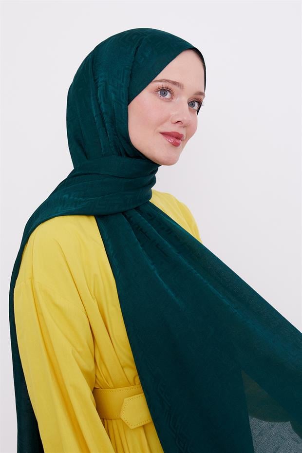 Zümrüt Yeşili Labirent Desen Jakarlı Janjan Şal