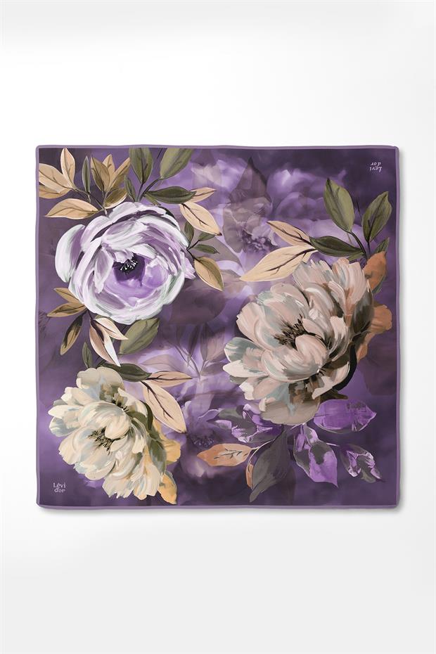 Lila Çiçek Desenli Twill İpek Eşarp