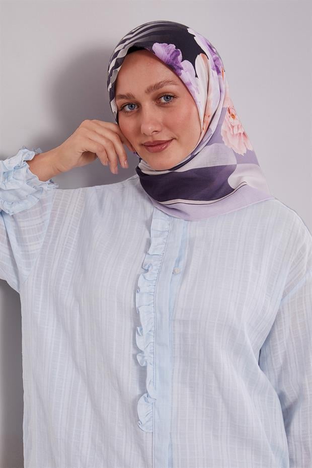 Lila Çizgili Çiçek Desen Pamuk Eşarp