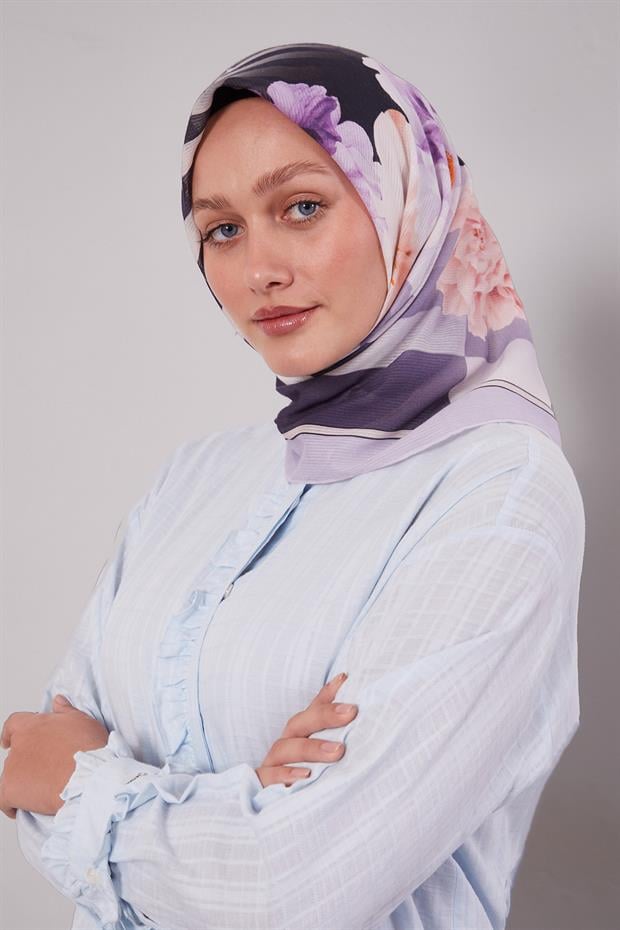 Lila Çizgili Çiçek Desen Pamuk Eşarp