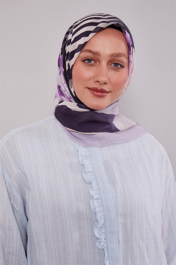 Lila Çizgili Çiçek Desen Pamuk Eşarp
