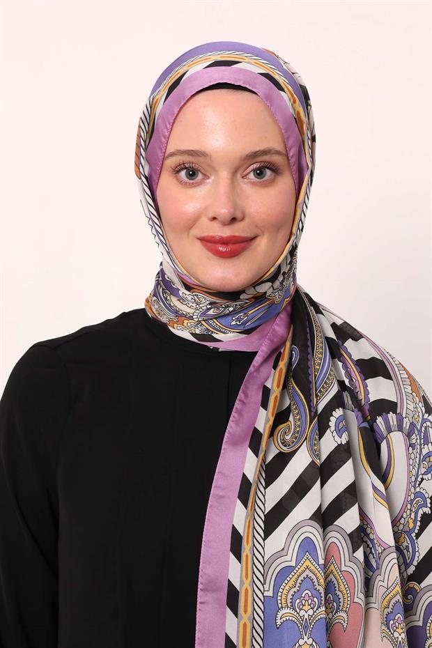 Lila Çizgili Hint İpeği Şal