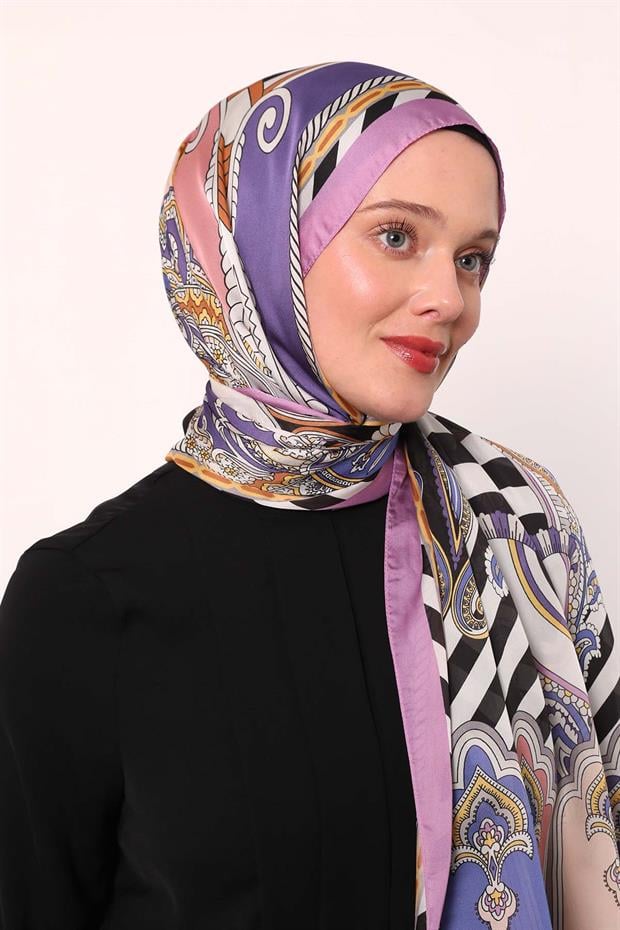 Lila Çizgili Hint İpeği Şal