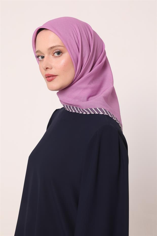 Lila Çizgili Pamuk Eşarp