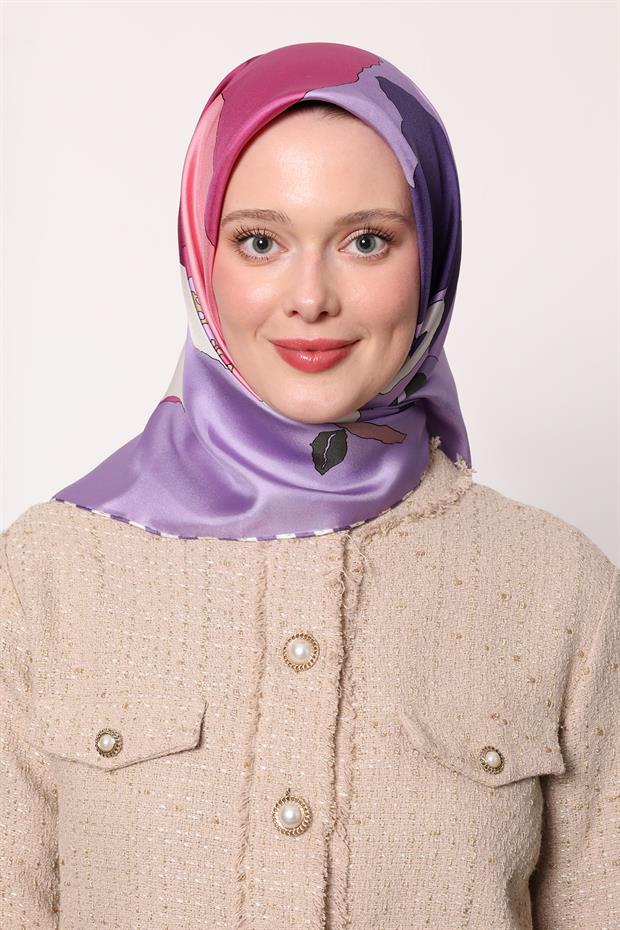 Lila Çizim Çiçek Desen Twill İpek Eşarp