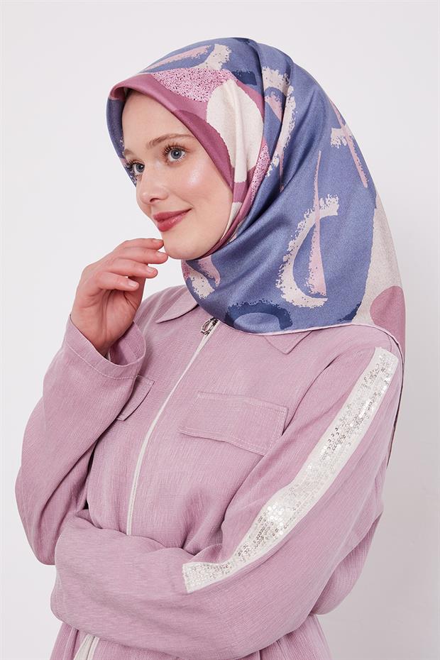 Lila Yuvarlak Desen Twill İpek Eşarp