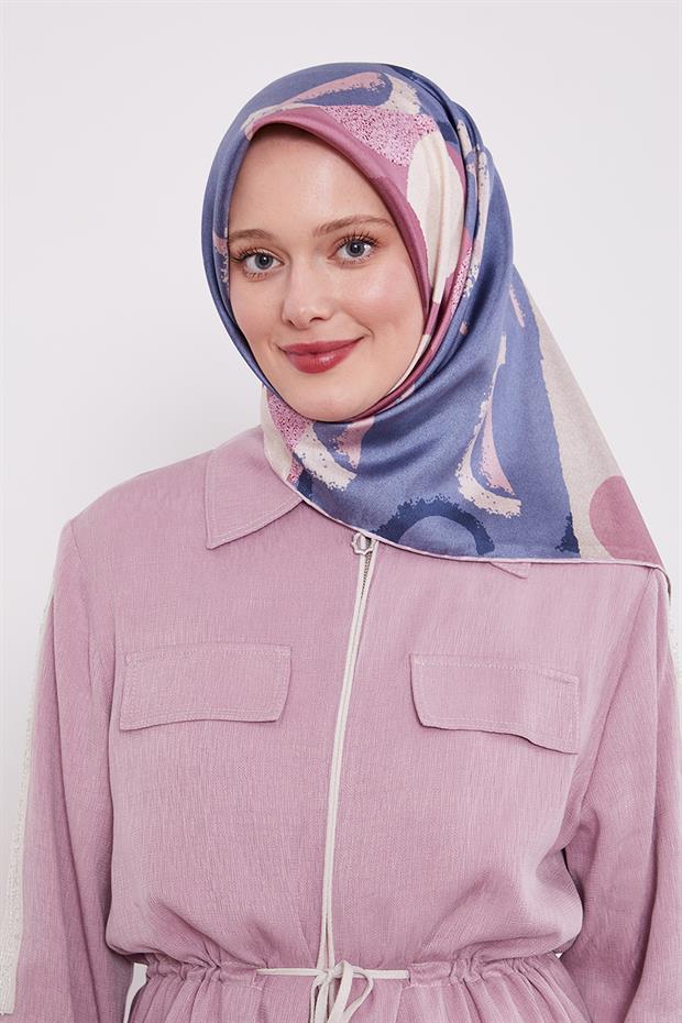 Lila Yuvarlak Desen Twill İpek Eşarp