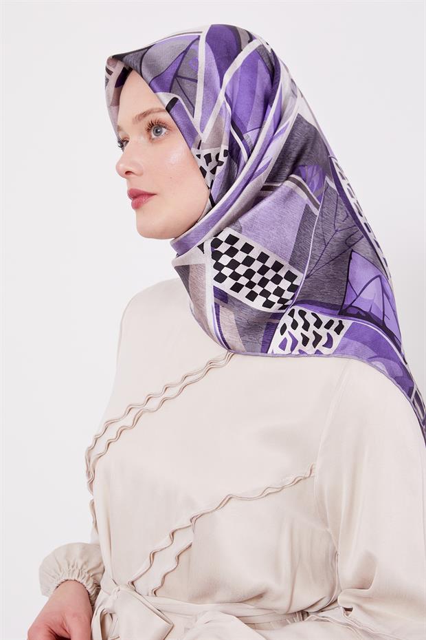 Lila Dama Desen Twill İpek Eşarp